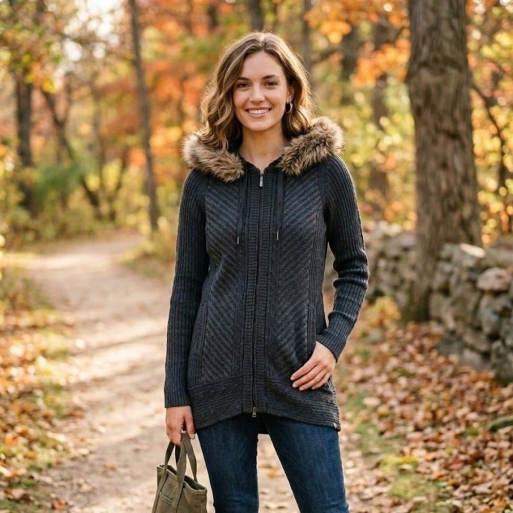 Eddie Bauer Womens Gray Faux Fur Hooded Full Zip Cable Knit Cardigan Sweater M